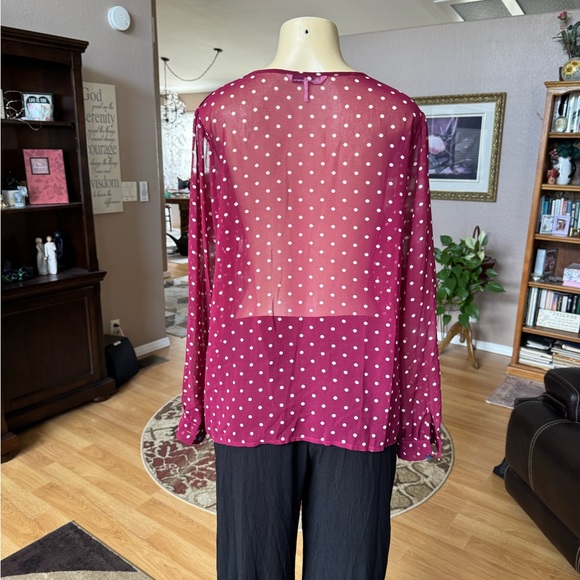 French Connection sheer red & white long sleeve blouse-size L - Picture 8 of 9